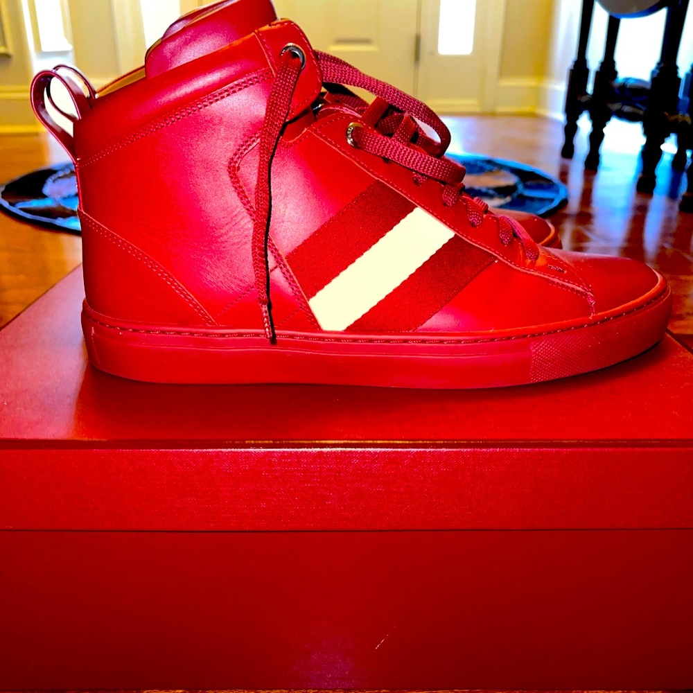 Bally Herndon /135 white striped high top sneakers in crimson red